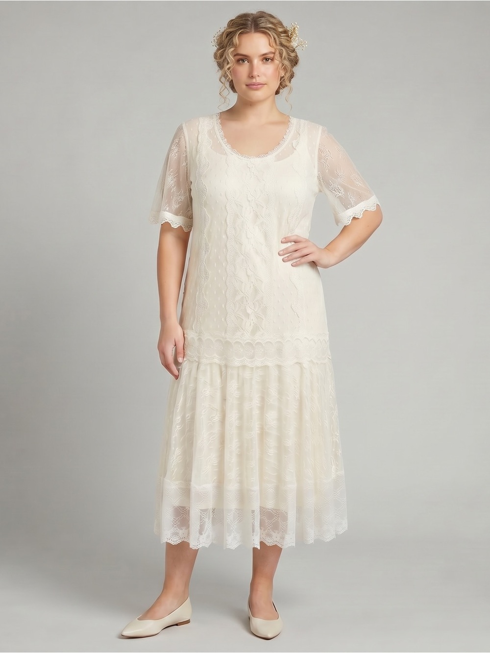 VINTAGE SUE BRETT Lace Dropped Waist Midi Dress